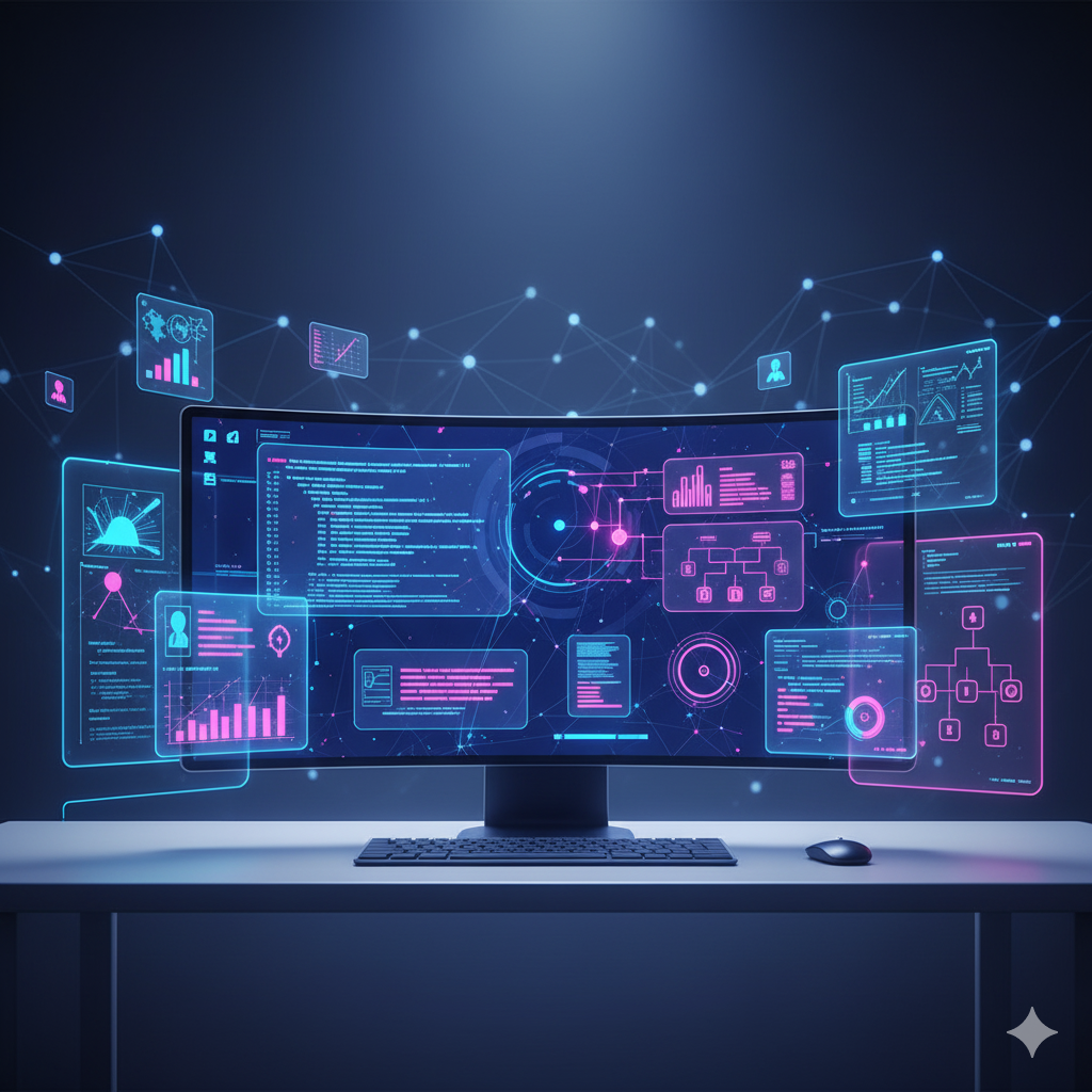 Advanced developer workspace with holographic interfaces